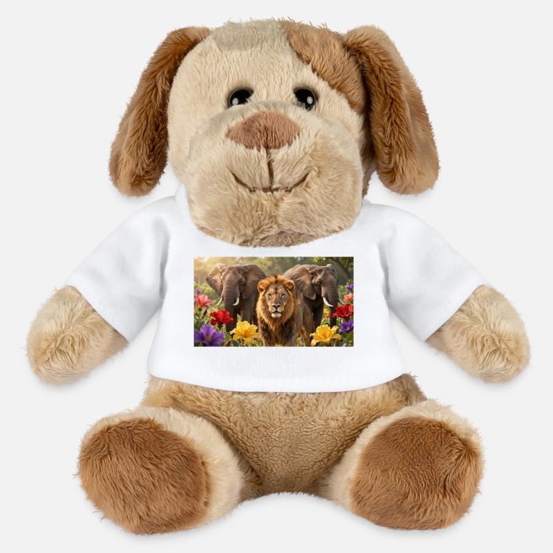 Des lions et des éléphants dans le champ de fleurs - Chien en peluche Helge MiniFeet® - blanc