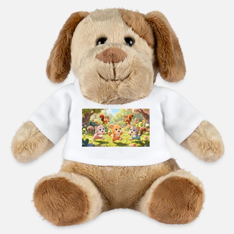 Cartoon Kätzchen und Eichhörnchen toben im Garten - MiniFeet® Hund Helge - Weiß