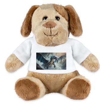 Ein realistischer böser dunkler Drache klettert auf einen Berg - MiniFeet® Hund Helge - Weiß - Vorne