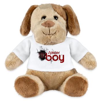 Spinnentier-Held: Karminrotes Netz-Emblem - MiniFeet® Hund Helge - Weiß - Vorne