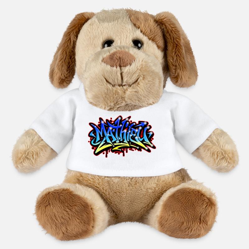 Mathieu Graffiti imprimable bleu jaune - Chien en peluche Helge MiniFeet® - blanc