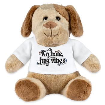 Der Schriftzug „No hate, just vibes“ in einer bauc - MiniFeet® Hund Helge - Weiß - Vorne