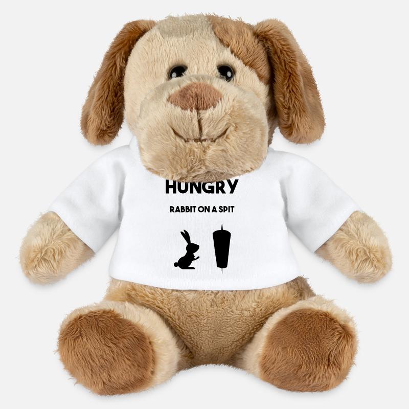 Hungry Hasse devant une brochette de viande - Chien en peluche Helge MiniFeet® - blanc