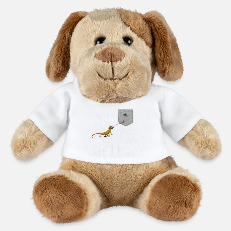 Eidechsenzunge, die nach der Fliege im falschen Taschenspaß greift - MiniFeet® Hund Helge - Weiß