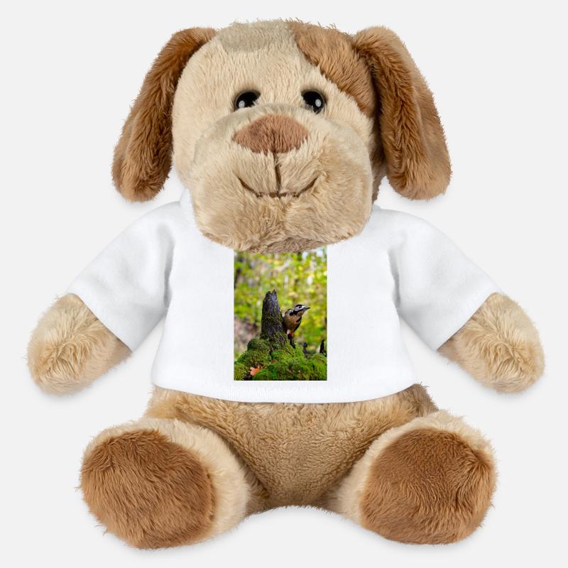 Waldspecht auf moosigem Baumstumpf - MiniFeet® Hund Helge - Weiß