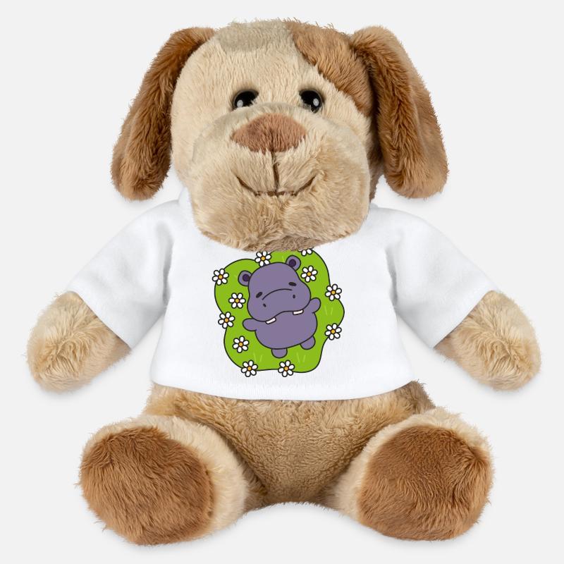 Hippo violet sur gazon fleuri - Chien en peluche Helge MiniFeet® - blanc