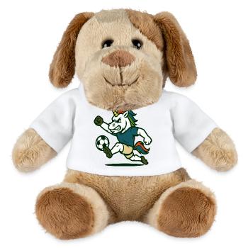 Unicorn Soccer Mascot Kicking with Power - MiniFeet® Dog Helge - white - Front