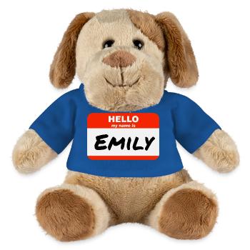 Bonjour, je m’appelle Emily Étiquette Nom Tag - Chien en peluche Helge MiniFeet® - bleu roi - Devant
