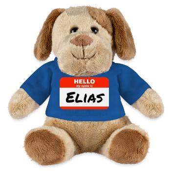 Bonjour, je m’appelle Elias Étiquette Nom Tag - Chien en peluche Helge MiniFeet® - bleu roi - Devant