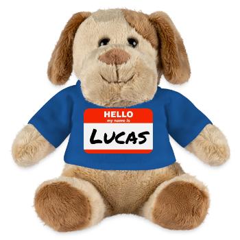 Bonjour, je m’appelle Lucas Étiquette Nom Tag - Chien en peluche Helge MiniFeet® - bleu roi - Devant