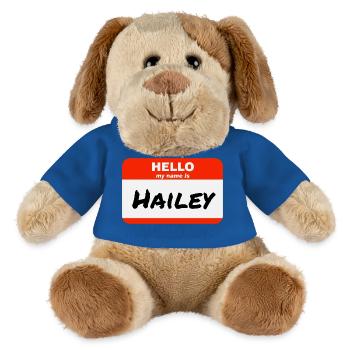 Bonjour, je m’appelle Hailey Étiquette Étiquette Porte-nom - Chien en peluche Helge MiniFeet® - bleu roi - Devant