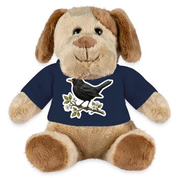 Merle sur branche fleurie - Conception printanière - Chien en peluche Helge MiniFeet® - jaune soleil - Devant