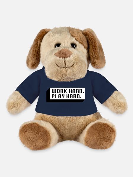 Travaille dur. Jouez fort. (Noir) - Chien en peluche Helge MiniFeet® - jaune soleil