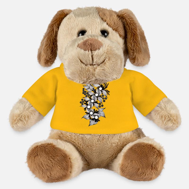 Spirale de fleurs noires et blanches - Chien en peluche Helge MiniFeet® - jaune soleil