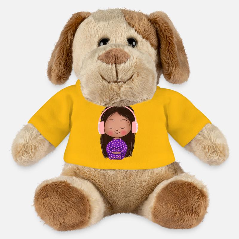 Zuhörendes Mädchen mit pinken Kopfhörern - MiniFeet® Hund Helge - Sonnengelb