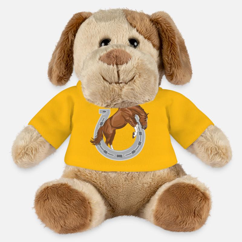 Ein kastanienbraunes Pferd, das durch einen Schuh springt - MiniFeet® Hund Helge - Sonnengelb