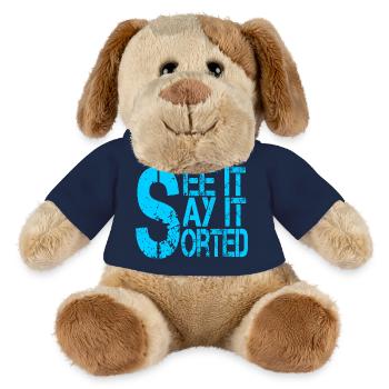 Symbole de dollar motivant avec slogan - Chien en peluche Helge MiniFeet® - bleu marine - Devant