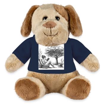 Femme buvant du café et lisant un livre - Chien en peluche Helge MiniFeet® - bleu marine - Devant