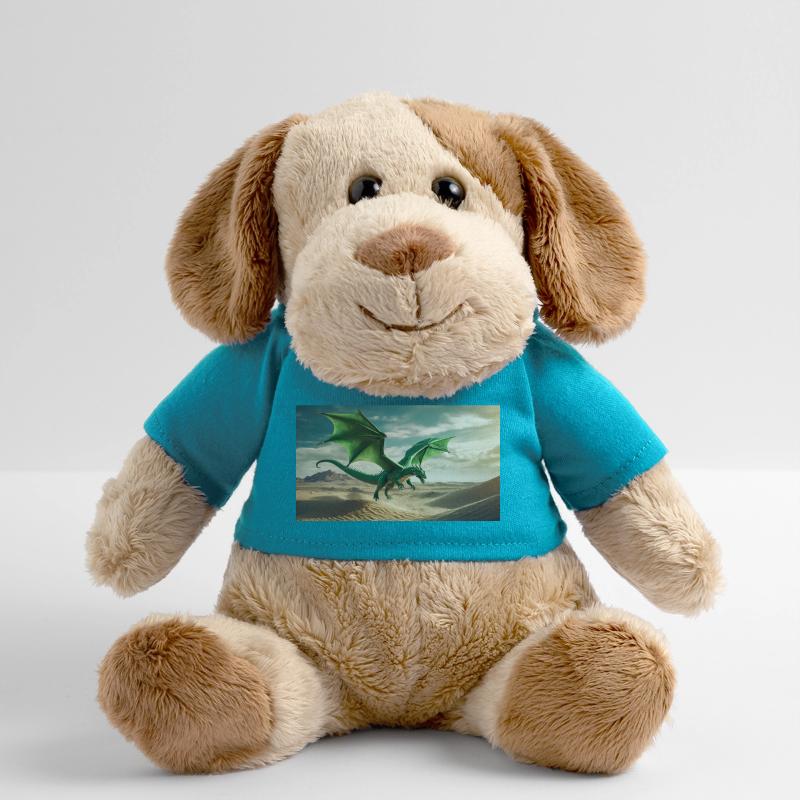 A realistic majestical green dragon is flying MiniFeet® Dog Helge