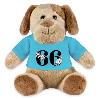 Schwarze Blumenzahl 66 - 66. Blumengeburtstag - MiniFeet® Hund Helge - Atollblau - Vorne