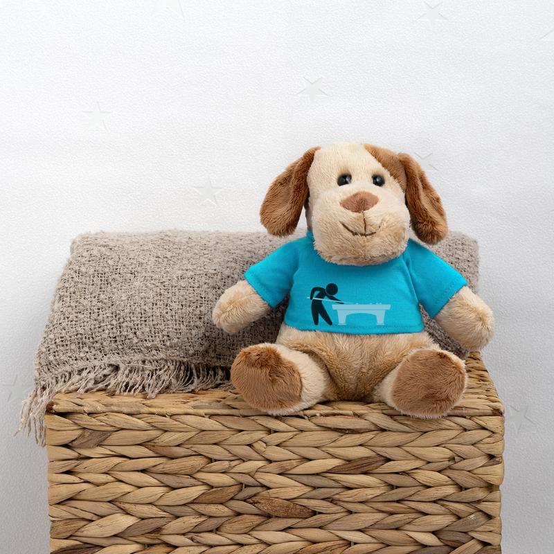 A pool player is on the pool table MiniFeet® Dog Helge
