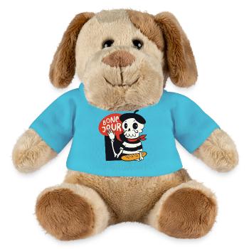 Französischer Skelett Cartoon Mit Bone Jour Spruch - MiniFeet® Hund Helge - Atollblau - Vorne