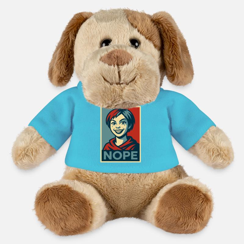 ein Mädchen und eine humorvolle NOPE-Plakatbotschaft - MiniFeet® Hund Helge - Atollblau