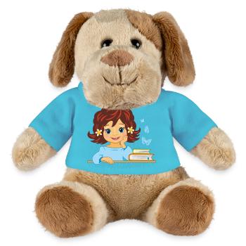 Süßes lächelndes kleines Mädchen mit Büchern - MiniFeet® Hund Helge - Atollblau - Vorne