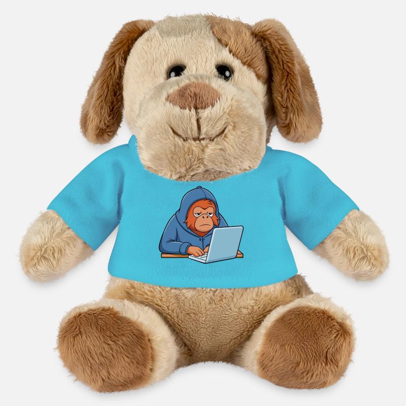 Mignon orang-outan hacker dans un sweat à capuche devant le PC - Chien en peluche Helge MiniFeet® - bleu outremer