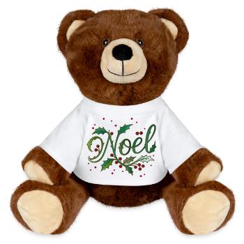 Weihnachtliches „Noël“-Design mit Stechpalme - MiniFeet® RecycelBär® Braun - Weiß - Vorne