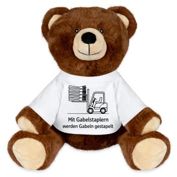 gabelstapler wortwitz gabel stapeln - MiniFeet® RecycelBär® Braun - Weiß - Vorne