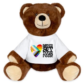 🌈♿ Diversify Your Feed –Progress Pride&Disability - MiniFeet® RecycelBär® Braun - Weiß - Vorne