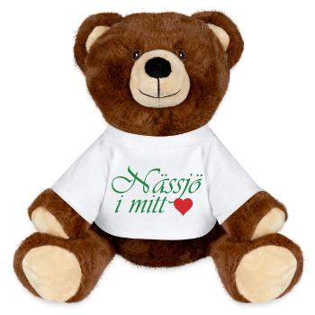 Nässjö in der Mitte – grüne Kalligraphie mit Herz - MiniFeet® RecycelBär® Braun - Weiß - Vorne