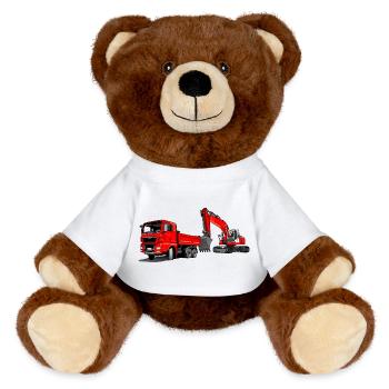 Construction site with excavator and dump truck - MiniFeet® RecycelBär® Teddy Bear Brown - white - Front