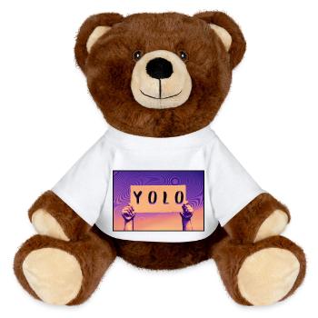 Schild - YOLO - MiniFeet® RecycelBär® Braun - Weiß - Vorne