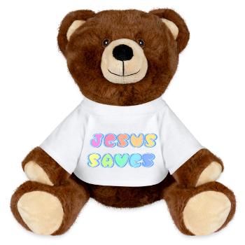 Jesus saves - MiniFeet® RecycelBär® Braun - Weiß - Vorne
