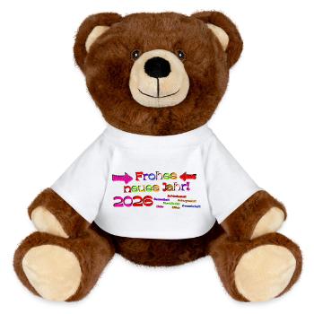 Frohes neues Jahr 2026 Neujahrswünsche bunt Segen - MiniFeet® RecycelBär® Braun - Weiß - Vorne