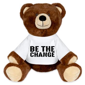 Be The Change Inspirational Positive Mindset Geschenk - MiniFeet® RecycelBär® Braun - Weiß - Vorne