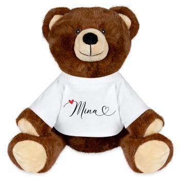 Mina Name Vorname Kalligrafieherz - MiniFeet® RecycelBär® Braun - Weiß - Vorne