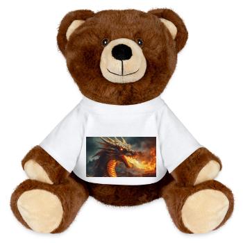 Ein realistischer, majestätischer dunkler Drache, der Flammen speit - MiniFeet® RecycelBär® Braun - Weiß - Vorne