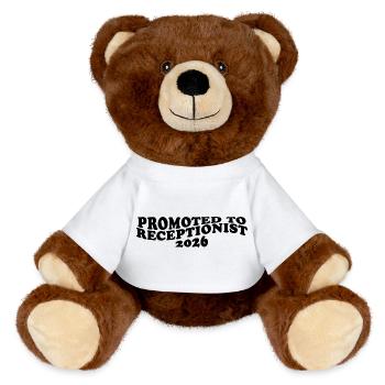 Promoted to Receptionist 2026 – Büro Humor - MiniFeet® RecycelBär® Braun - Weiß - Vorne