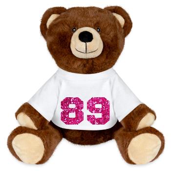 Number 89 Pink Glitter - 89th Birthday - MiniFeet® RecycelBär® Teddy Bear Brown - white - Front