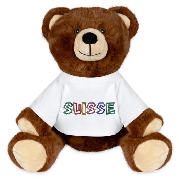 SWITZERLAND. HUMOR. COUNTRY. FLAG. GENEVA. LAUSANNE - MiniFeet® RecycelBär® Teddy Bear Brown - white - Front