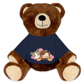 Süße Katze und träumender Dackel mit rosa Blumen - MiniFeet® RecycelBär® Braun - French Navy - Vorne