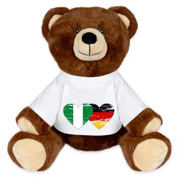 Nigeria Germany flag heart used - MiniFeet® RecycelBär® Teddy Bear Brown - white - Front