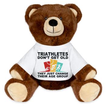 Lustiges Triathlon Design Triathleten Schwimmen Rad Laufen - MiniFeet® RecycelBär® Braun - Weiß - Vorne