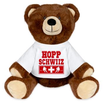 Hopp Schwiiz Eishockey Fan Schweiz Stolz - MiniFeet® RecycelBär® Braun - Weiß - Vorne