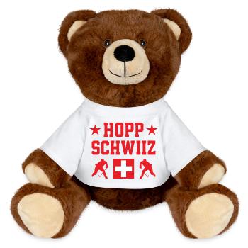 Hopp Schwiiz Eishockey Nationalstolz Fans - MiniFeet® RecycelBär® Braun - Weiß - Vorne