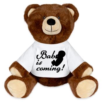 Baby is coming Geburt, Schwangerschaft, Geschenk - MiniFeet® RecycelBär® Braun - Weiß - Vorne