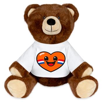 Fröhliches orangefarbenes Herz mit niederländischer Flagge auf der Wange - MiniFeet® RecycelBär® Braun - Weiß - Vorne